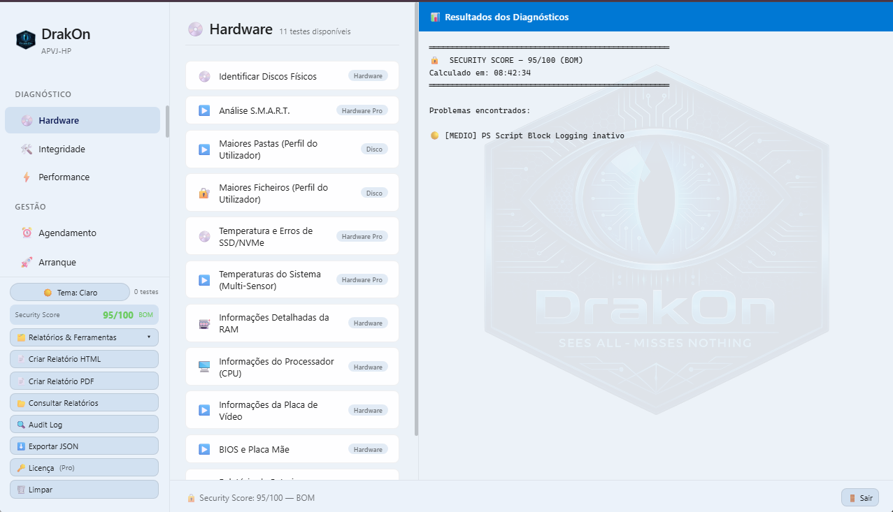 DrakOn Diagnostic em tema claro, painel de hardware