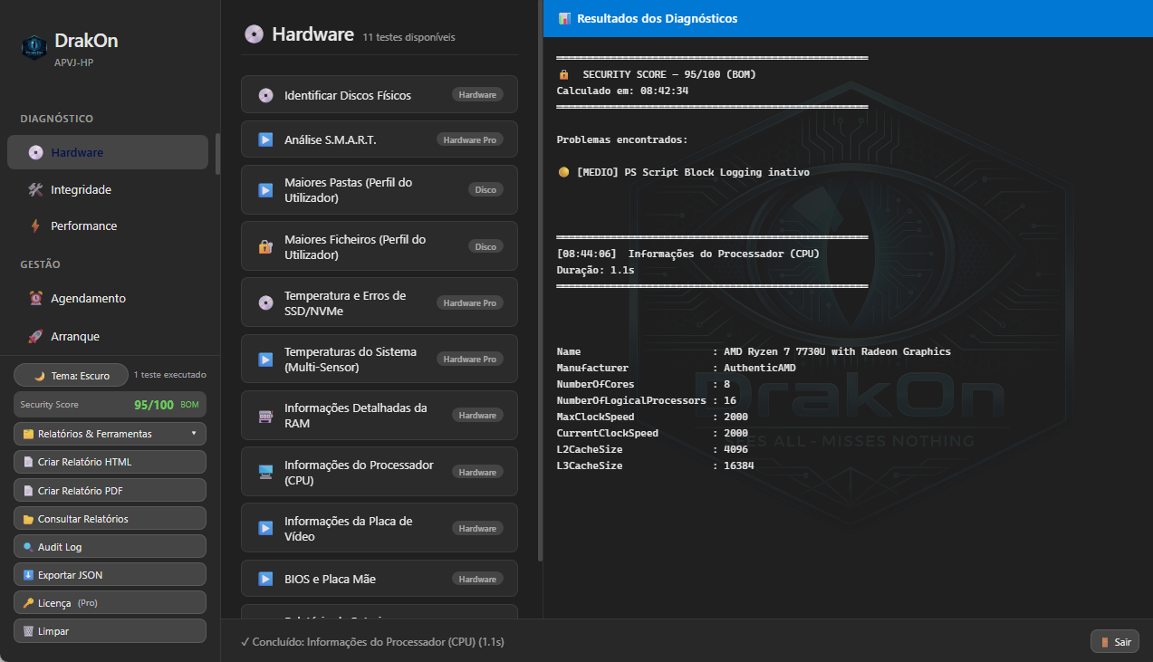 Dashboard do DrakOn Diagnostic, em tema escuro